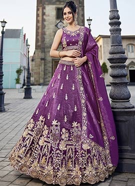 Purple Tissue Hand Work Embroidered Sequins Lehenga