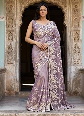 Purple Twill Net Embroidered Sequins Saree