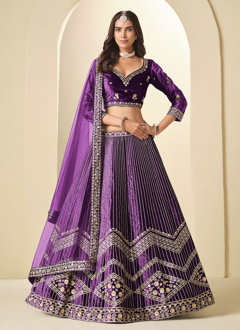Purple Velvet Sequins Umbrella Lehenga Wedding Wear