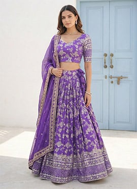 Purple Viscose Embroidered Umbrella Lehenga