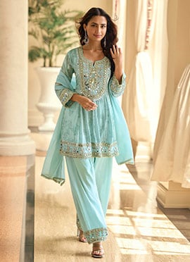 Radiant Blue Shimmer Silk Embroidered Mirror Work Straight Pant Suit