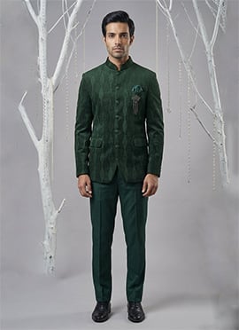 Radiant Bottle Green Silk Embroidered Thread Bandhgala Suit