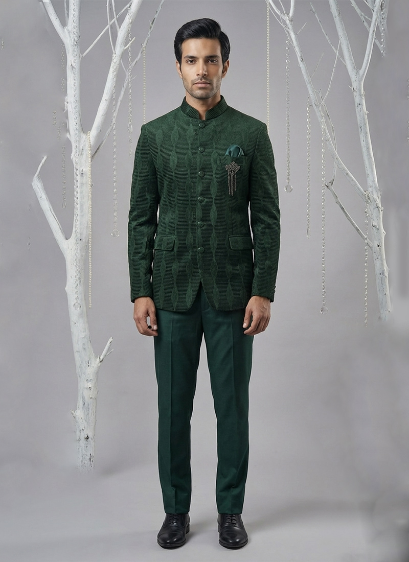 Radiant Bottle Green Silk Embroidered Thread Bandhgala Suit Wedding Wear