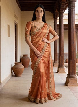 Radiant Gold Orange Tissue Moti Sequins Saree