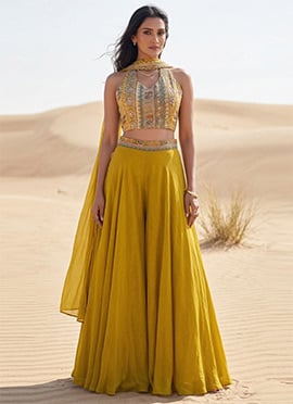 Radiant Mustard Chinon Silk Indowestern Set With Stone Sequins Embroidery