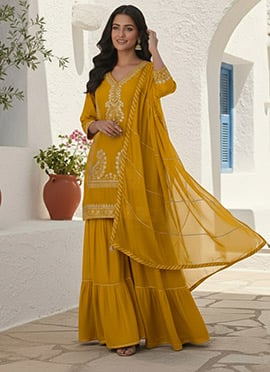 Radiant Mustard Vichitra Silk Zari Sequins Embroidered Sharara Suit