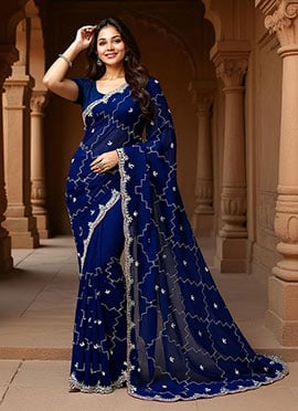 Radiant Navy Blue Faux Georgette Hand Work Saree