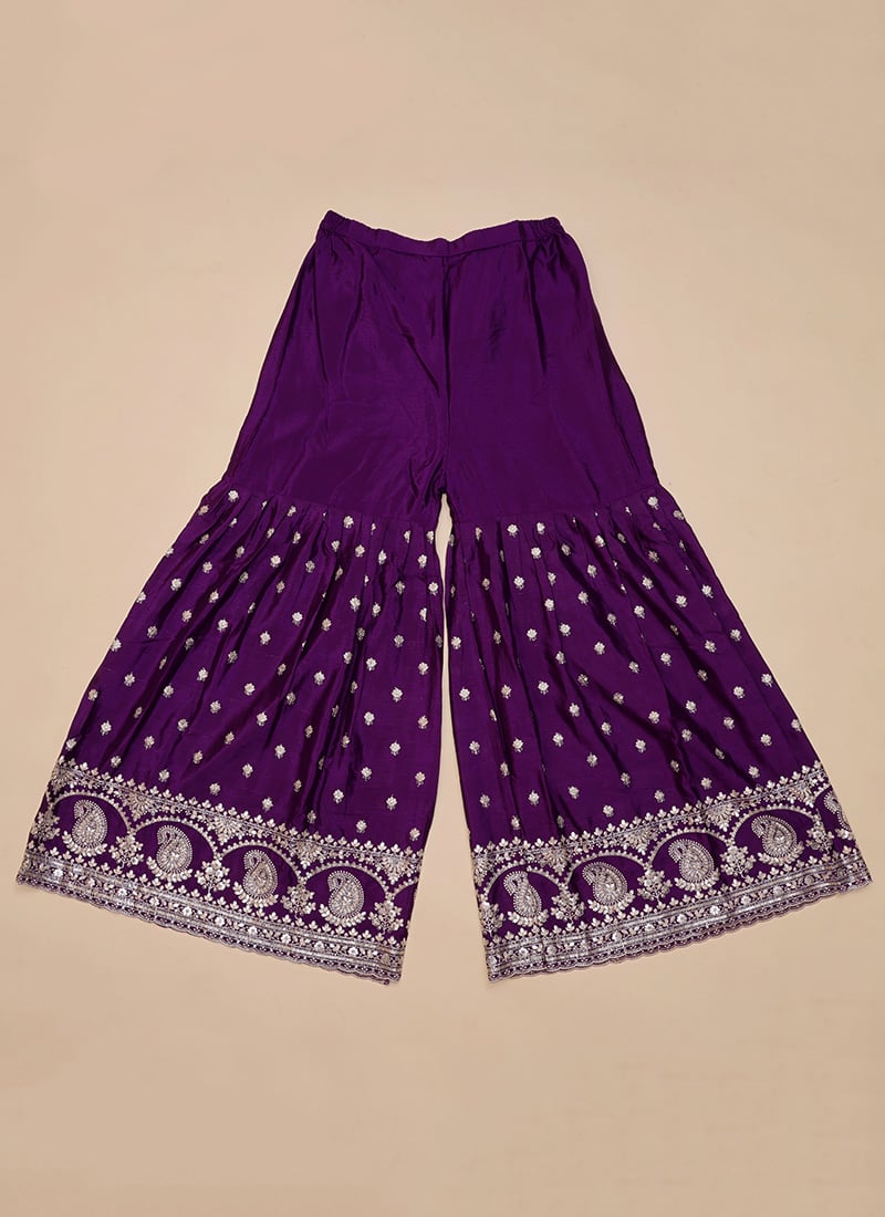 Women Violet Chinon Embroidered Palazzo Suit