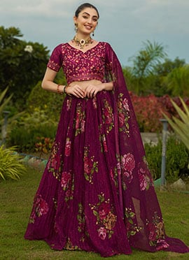 Radiant Purple Organza Digital Print Embroidered Lehenga For Special Occasions