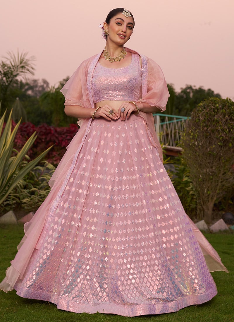Radiant Reverie In Pink Faux Georgette Sequins Lehenga Wedding Wear