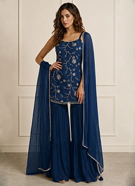 Radiant Teal Faux Georgette Embroidered Sharara Suit
