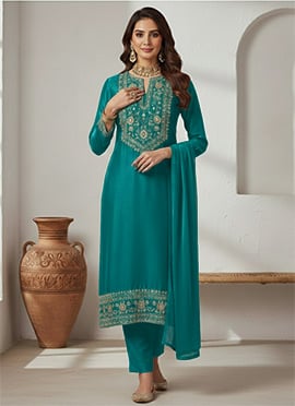 Radiant Turquoise Silk Zari Sequins Straight Pant Suit