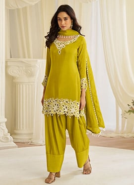 Radiant Yellow Silk Embroidered Mirror Work Sequins Beads Farshi Style Salwar Suit