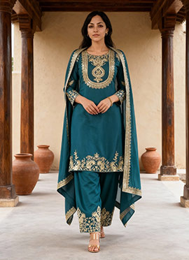 Rama Blue Chinon Silk Embroidered Sequins Palazzo Suit
