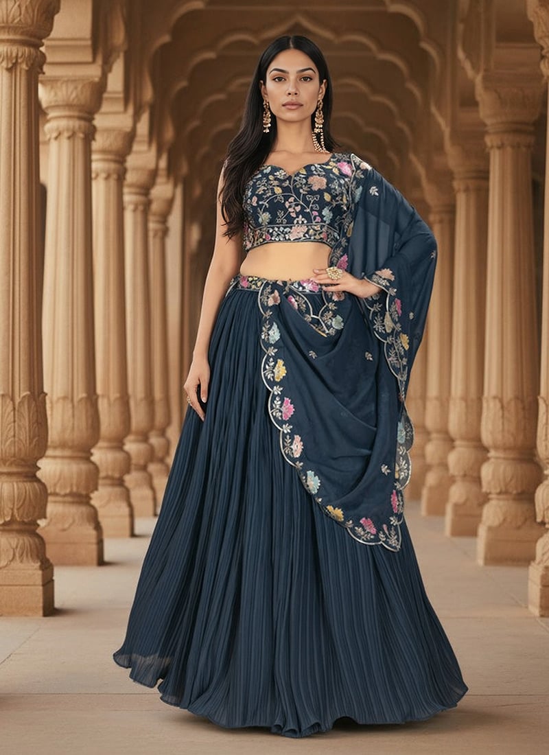 Rama Blue Faux Georgette Embroidered Sequins Lehenga Festive Wear