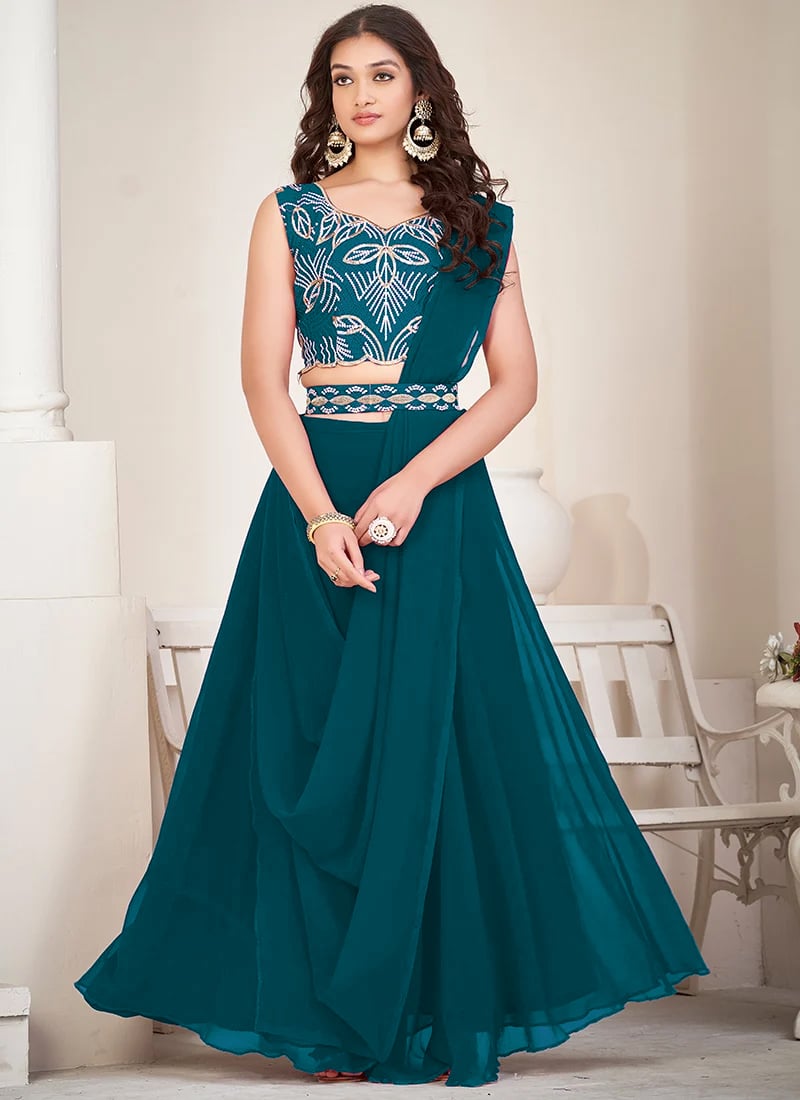 Rama Blue Faux Georgette Embroidered Umbrella Lehenga Party Wear