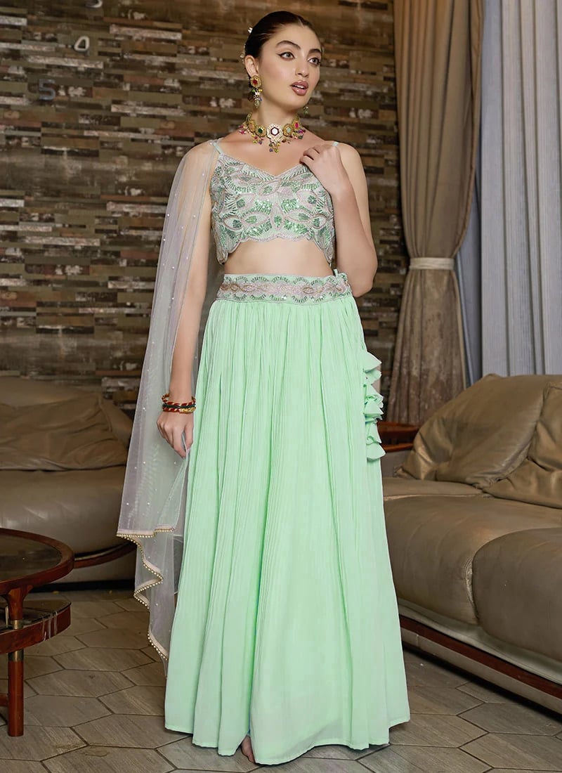 Rama Green Georgette Foil Print Embroidered Sequins Regal Lehenga Wedding Wear