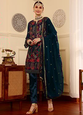 Rama Blue Faux Georgette Thread Embroidered Pakistani Suit