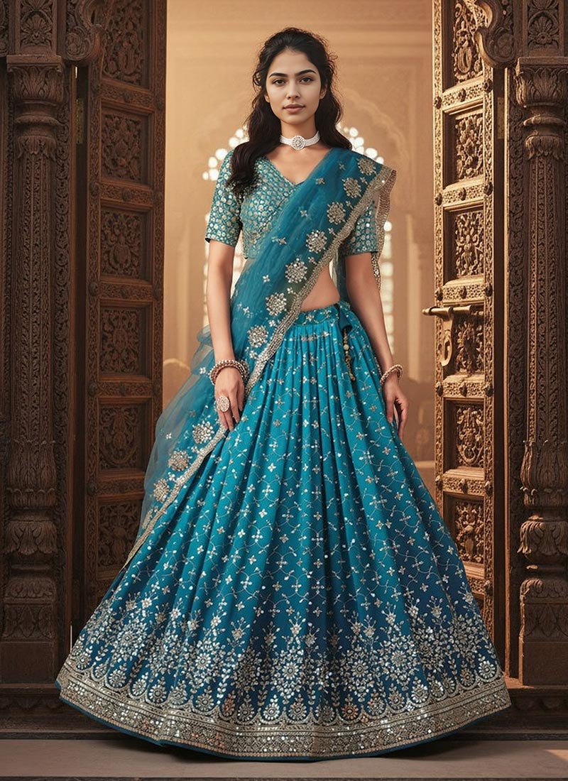 Rama Blue Georgette Zari Embroidered Sequins Umbrella Lehenga