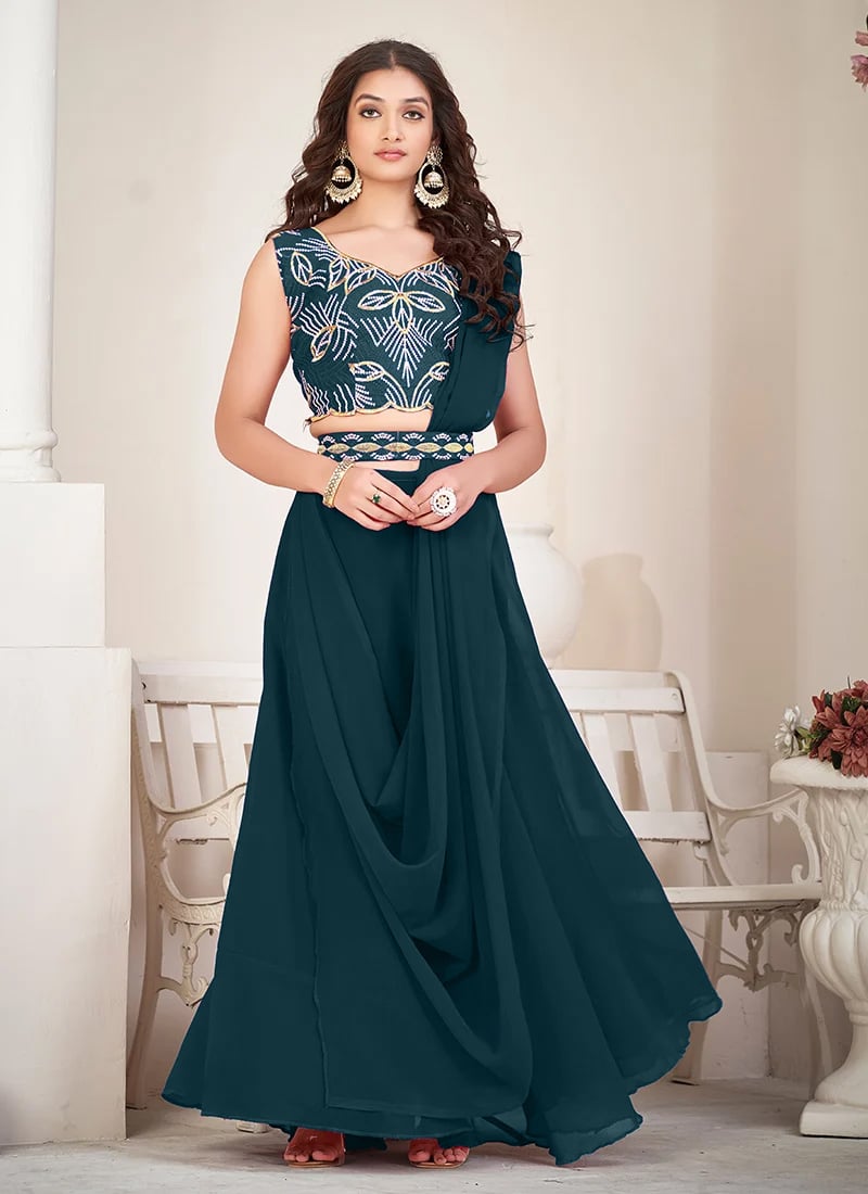 Rama Blue Greorgtte Embroidered Diwali Special Umbrella Lehenga
