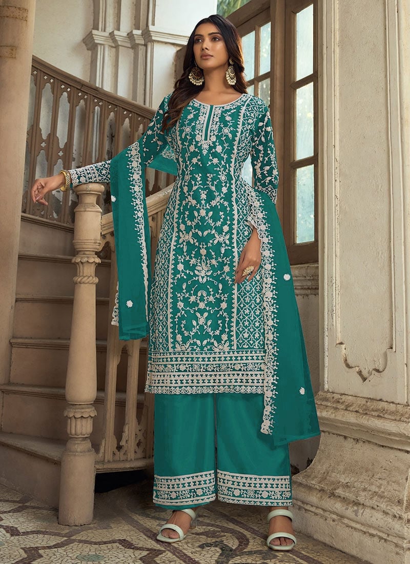 Rama Blue Net Embroidered Palazzo Suit Party Wear