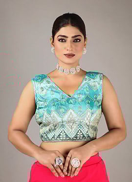 Rama Green Art Silk Digital Print V Neck Blouse