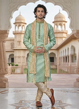 Rama Green Banarasi Jacquard Silk Kurta Pyjama