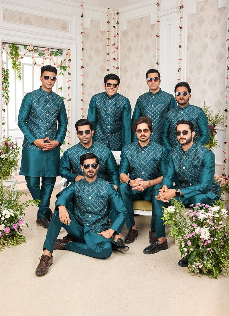 Rama Green Banarasi Silk Embroidered Bandi Set Wedding Wear