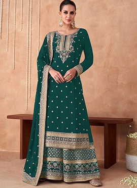 Rama Green Faux Georgette Embroidered Palazzo Suit