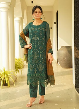Dark Green Faux Georgette Embroidered Sequins Straight Pant Suit