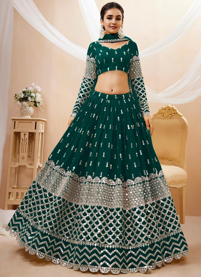 Rama Green Faux Georgette Embroidered Umbrella Lehenga Wedding Wear