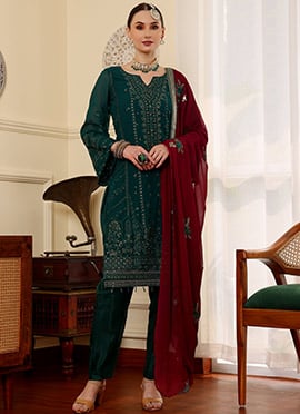 Rama Green Faux Georgette Thread Work Pakistani Suit