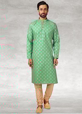 Rama Green Handloom Cotton Printed Kurta Pyjama