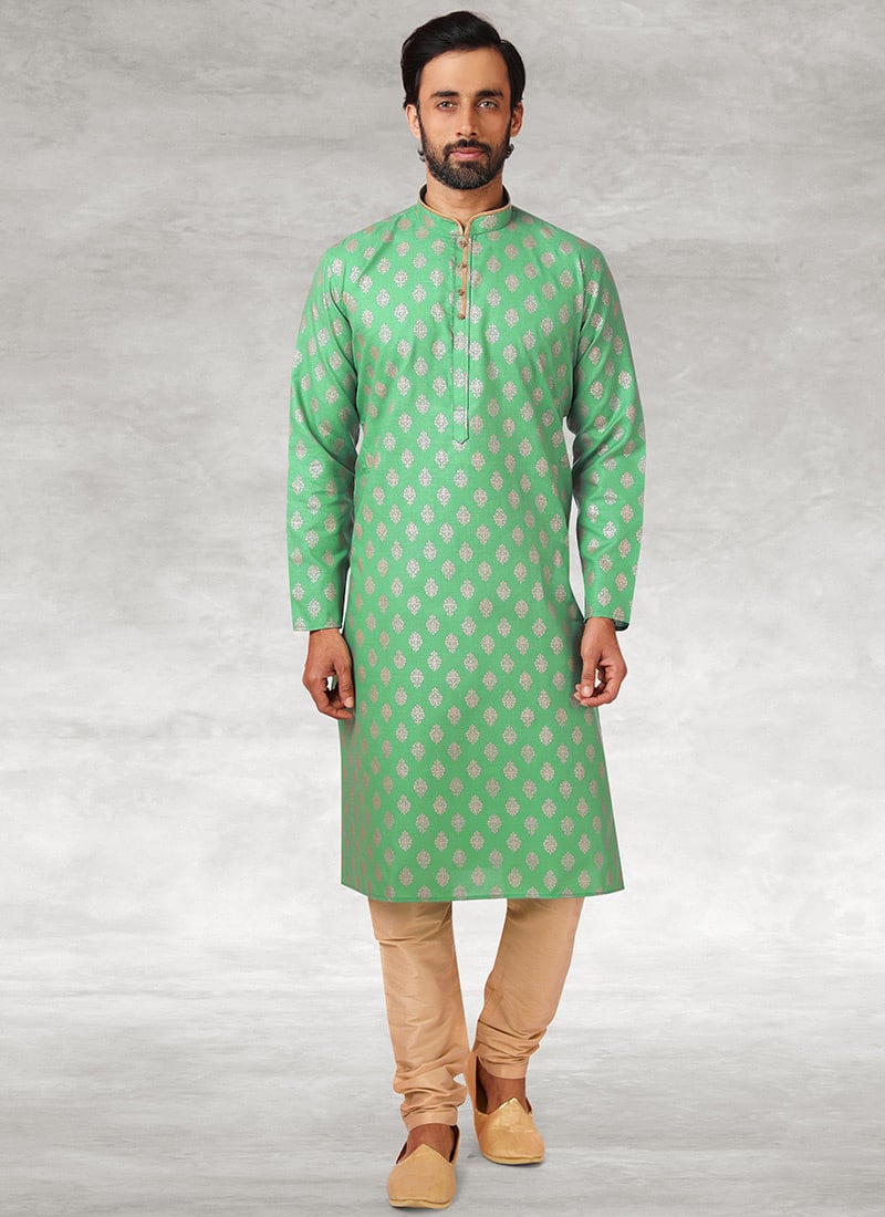 Rama Green Handloom Cotton Printed Kurta Pyjama