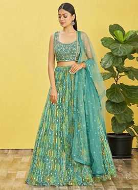 Rama Green Organza Embroidered Printed Umbrella Lehenga