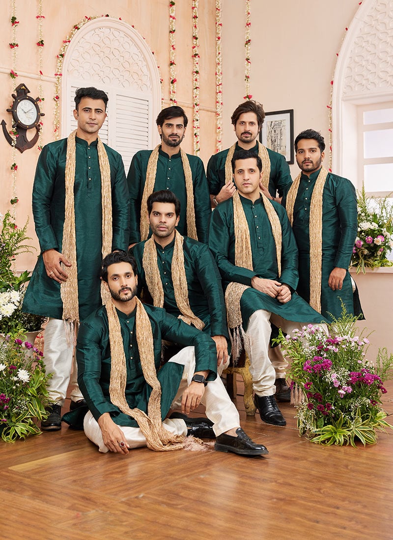 Rama Green Silk Kurta Pyjama With Stole For Men Festive Wear