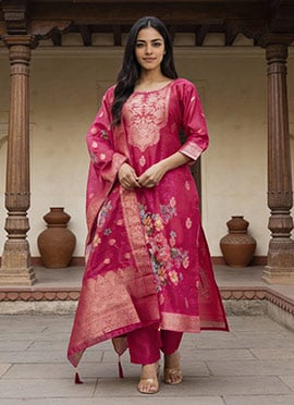 Rani Pink Chanderi Cotton Jacquard Digital Print Straight Pant Suit