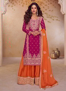 Rani Pink Chinon Embroidered Sequins Mirror Work Palazzo Suit