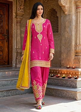 Rani Pink Chinon Zari Embroidered Sequins Stones Work Palazzo Suit