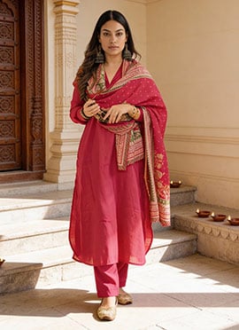 Rani Pink Cotton Straight Pant Suit With Printed Dupatta