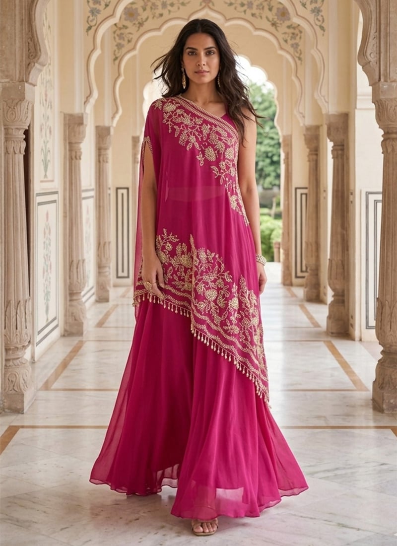 Rani Pink Crepe Sequins And Beads Embroidered Palazzo Set Wedding Wear