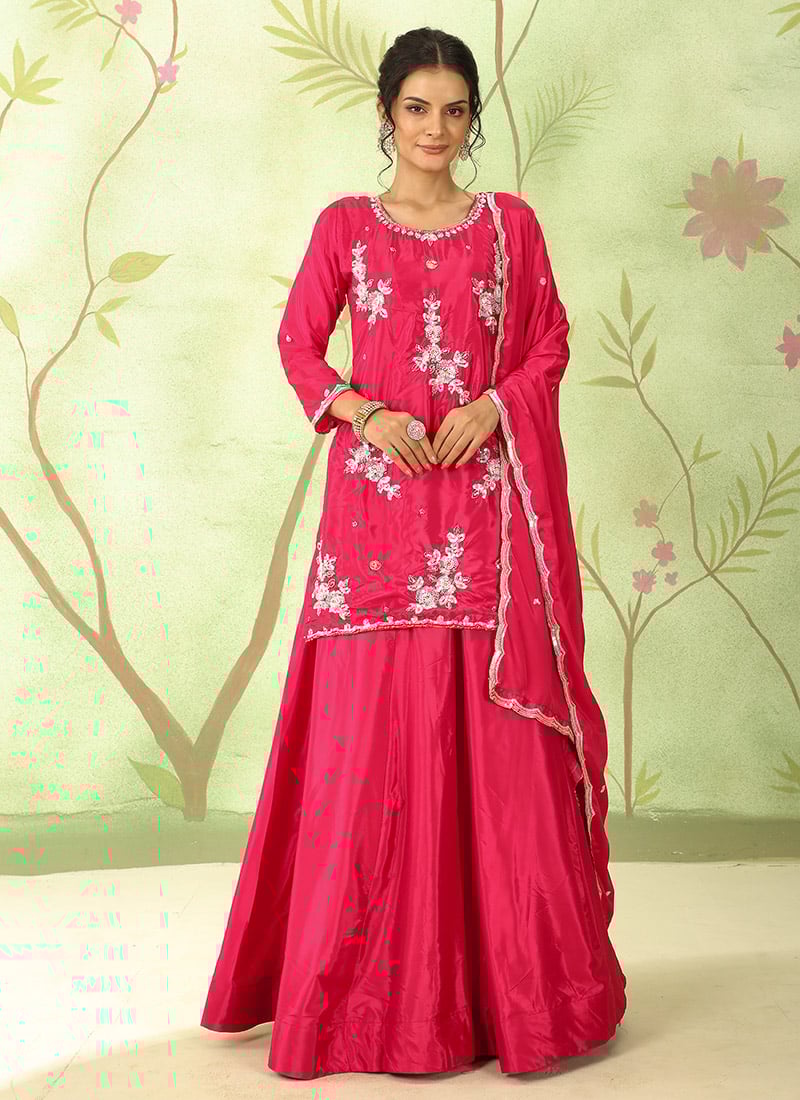 Rani Pink Crepe Silk Zari Hand Embroidered Sequins With Beads Work Long Choli Lehenga