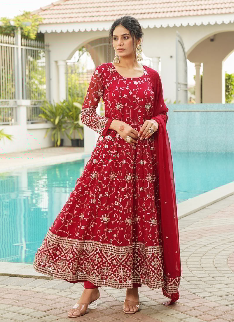 Pink Faux Georgette Sequins And Embroidered Anarkali Suit After Six Wear