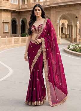 Rani Pink Fendy Satin Silk Zari Embroidered Sequins Saree