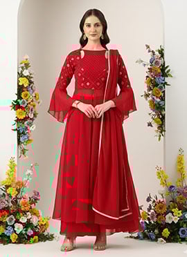 Teen Girls Rani Pink Georgette Embroidered Anarkali Suit