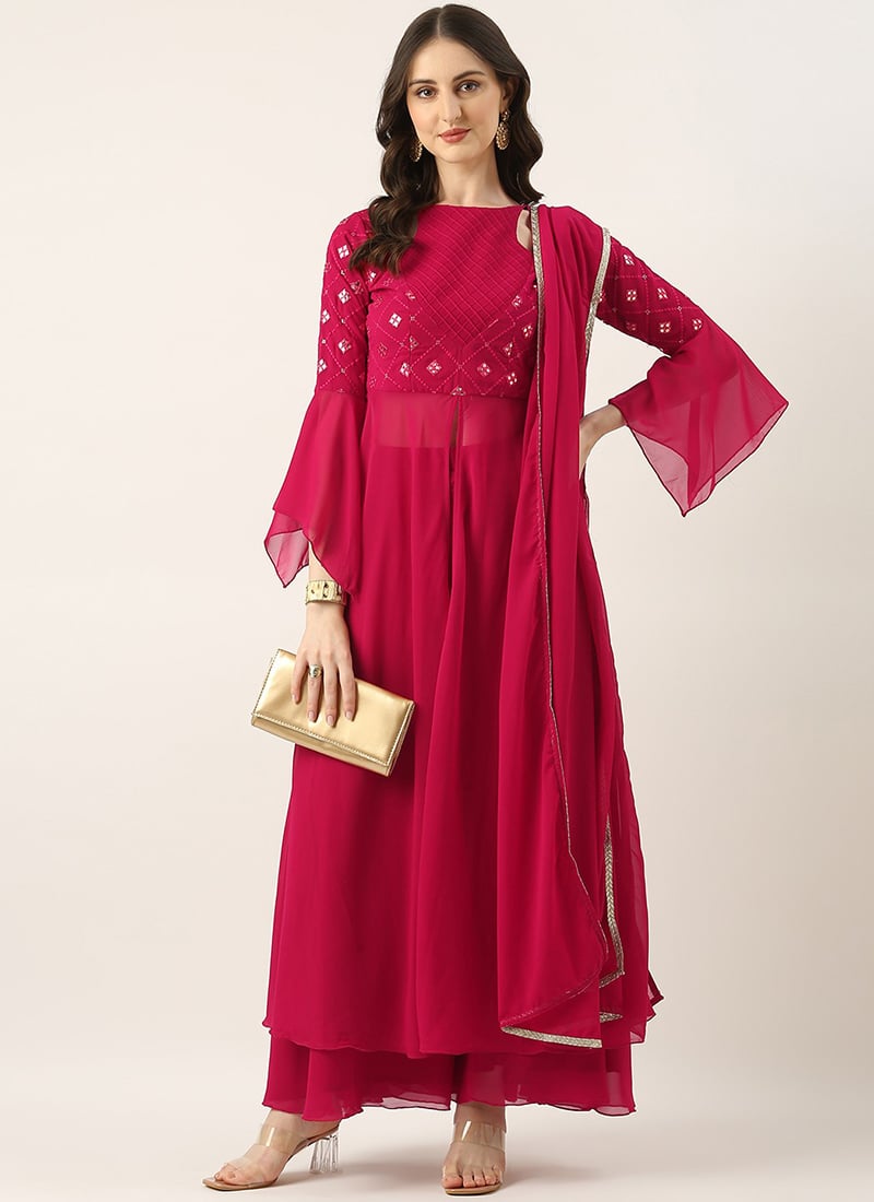 Teen Girls Rani Pink Georgette Embroidered Anarkali Suit Festive Wear