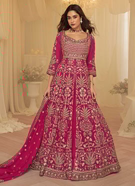 Rani Pink Georgette Hand Embroidered Sequins With Beads Work Anarkali Lehenga