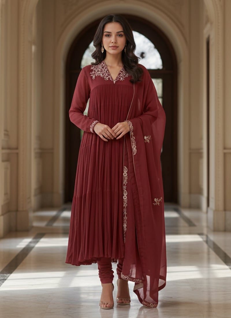 Rani Pink Georgette Poth Zari Hand Embroidered Anarkali Suit