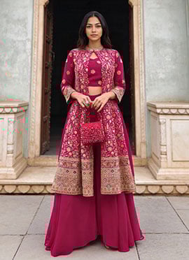 Rani Pink Georgette Zari Embroidered Sequins Indowestern Jacket Palazzo Set