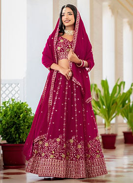 Rani Pink Georgette Zari Embroidered Sequins Lehenga